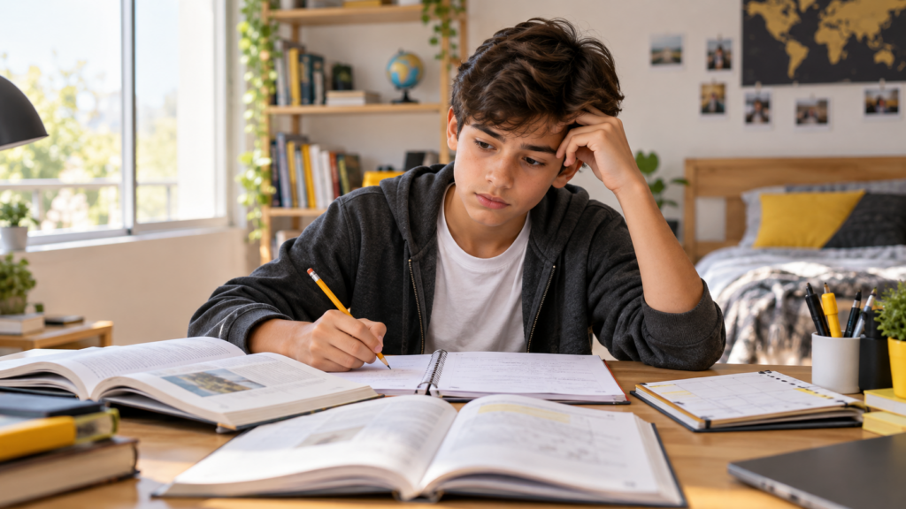 Adolescente estudiando con libros, cuaderno y un planificador sobre su escritorio.